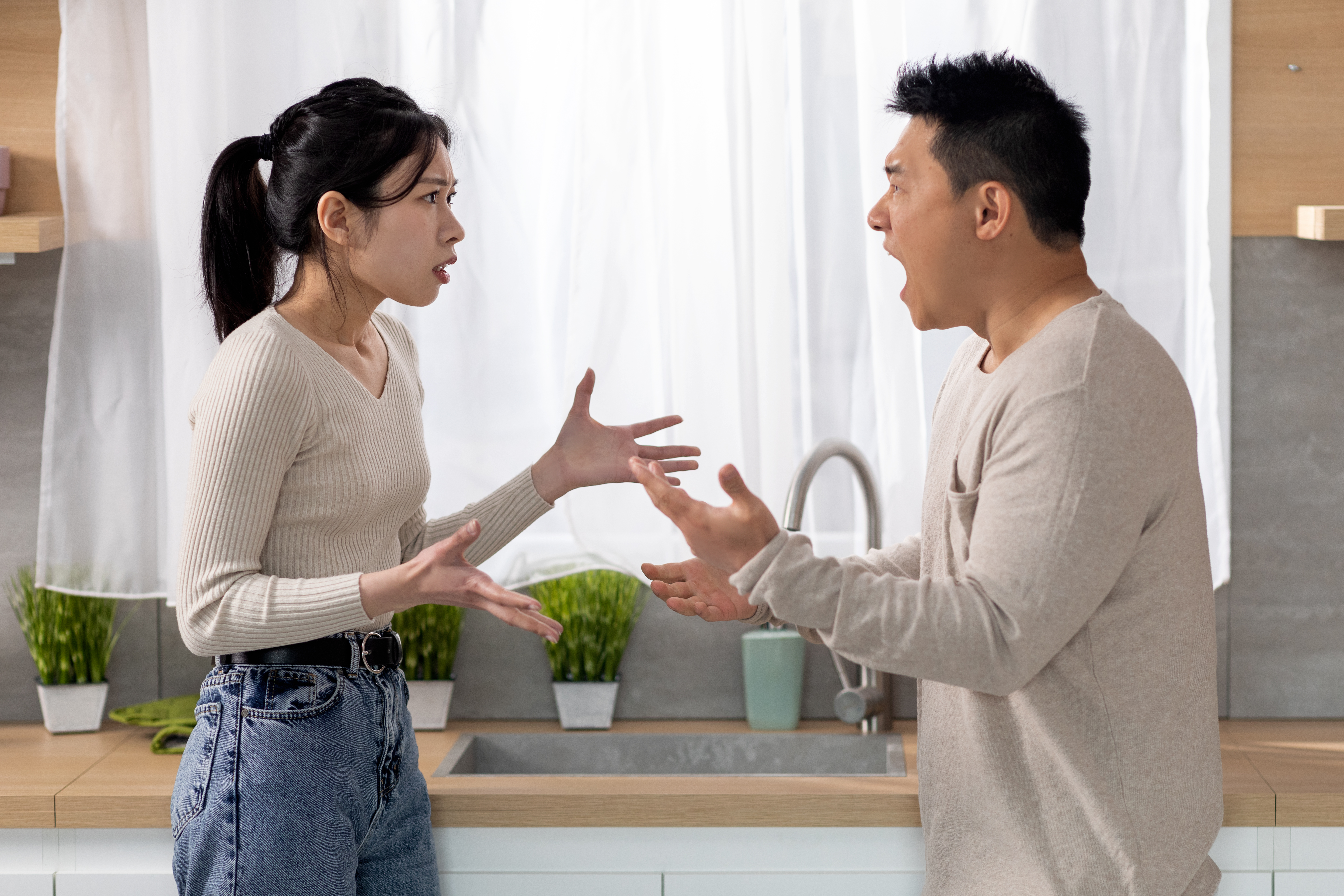 A brother and sister arguing in the kitchen, both raising their hands and looking upset during a heated conversation.