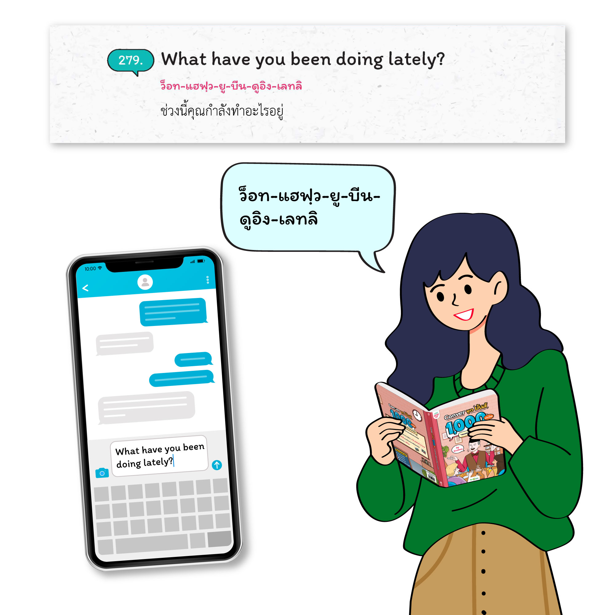 The book 1,000 Conver Make Friends, which teaches readers how to converse with foreigners The image features a woman holding the book 1,000 Conver Make Friends by KruDew and a cellphone screen displaying displaying a chat app that shows one of the sentences from the book.