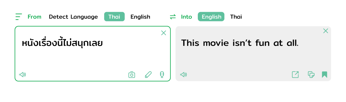 An interface of a translating application that shows the correct translation An interface of a translating application with a Thai sentence with the meaning adjustment that talks about the movie on the left side and its translation in the target language (English) on the right side